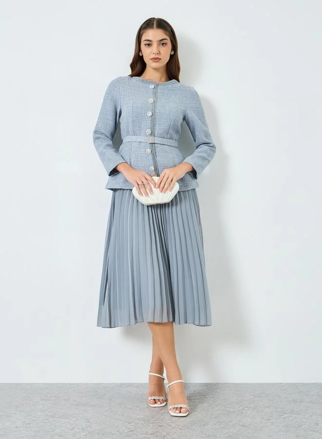 Styli  Women Blue Tweed Midi Dress with Belt for Women | Best Price UAE